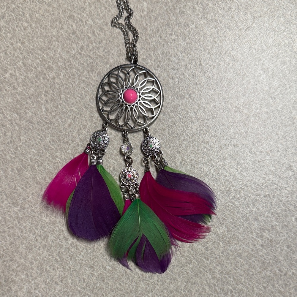 Silver Dreamcatcher Necklace with Pink, Purple and Green Feathers